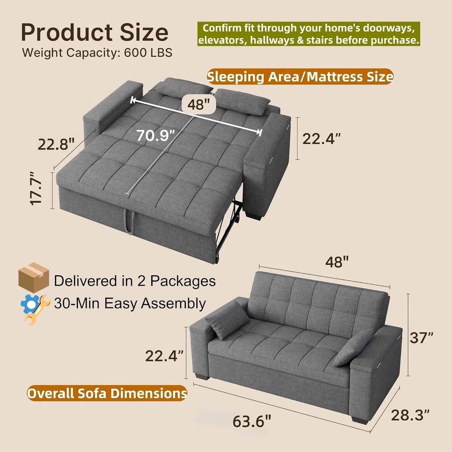 XIUWO 3 In 1 Convertible Sofa Bed With Storage Backrest