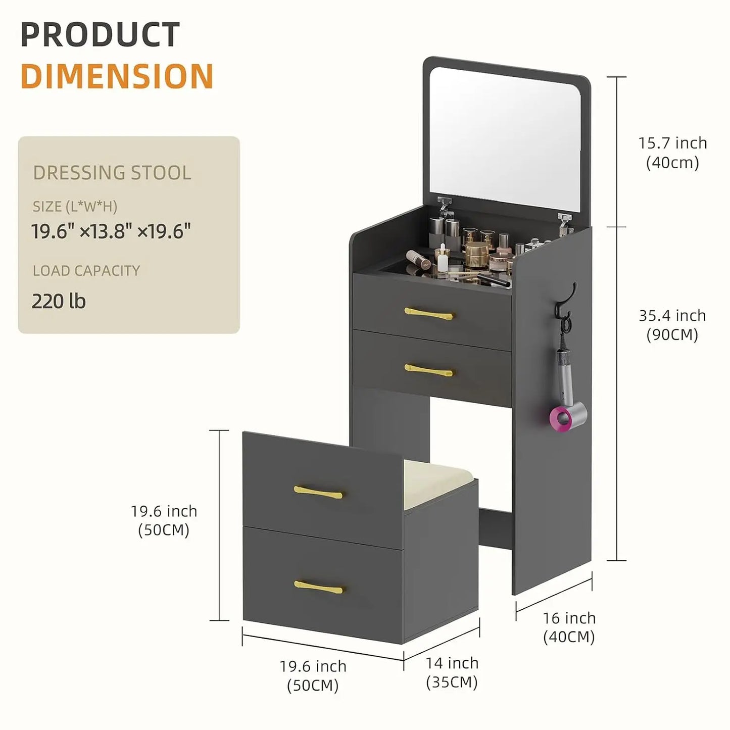 3-in-1 Vanity Desk With Flip Mirror Glass Desktop Premium