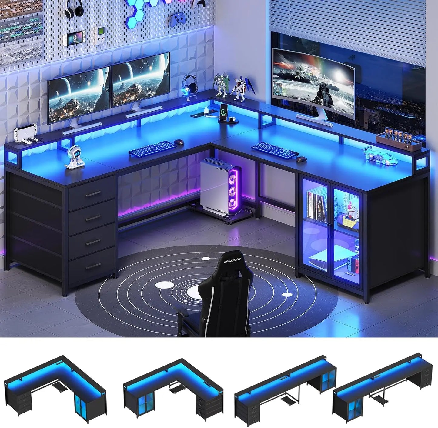 ZHENDAI L Shaped Gaming Desk With Drawers And Monitor Stands