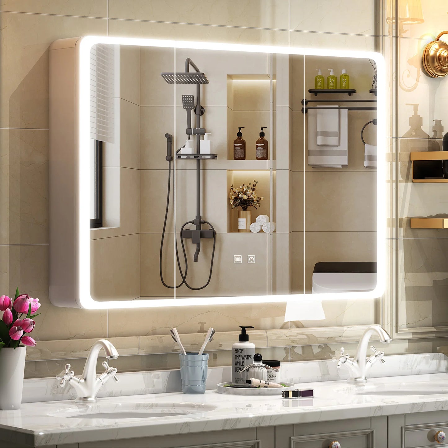 Onesaimei LED Mirror Medicine Cabinet With 2 Doors Fogless