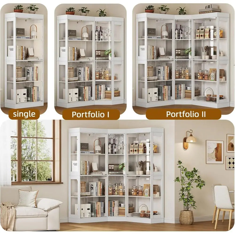 Large L Shaped Glass Door Cabinet With 12 Shelves Modern