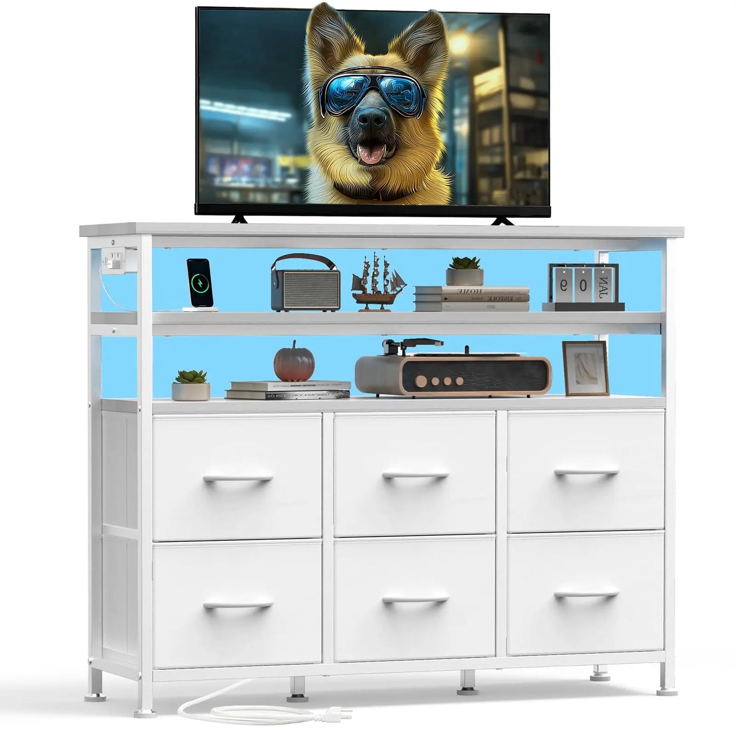 JHK TV Stand Dresser With Six Fabric Drawers Wood Top Living Room Console