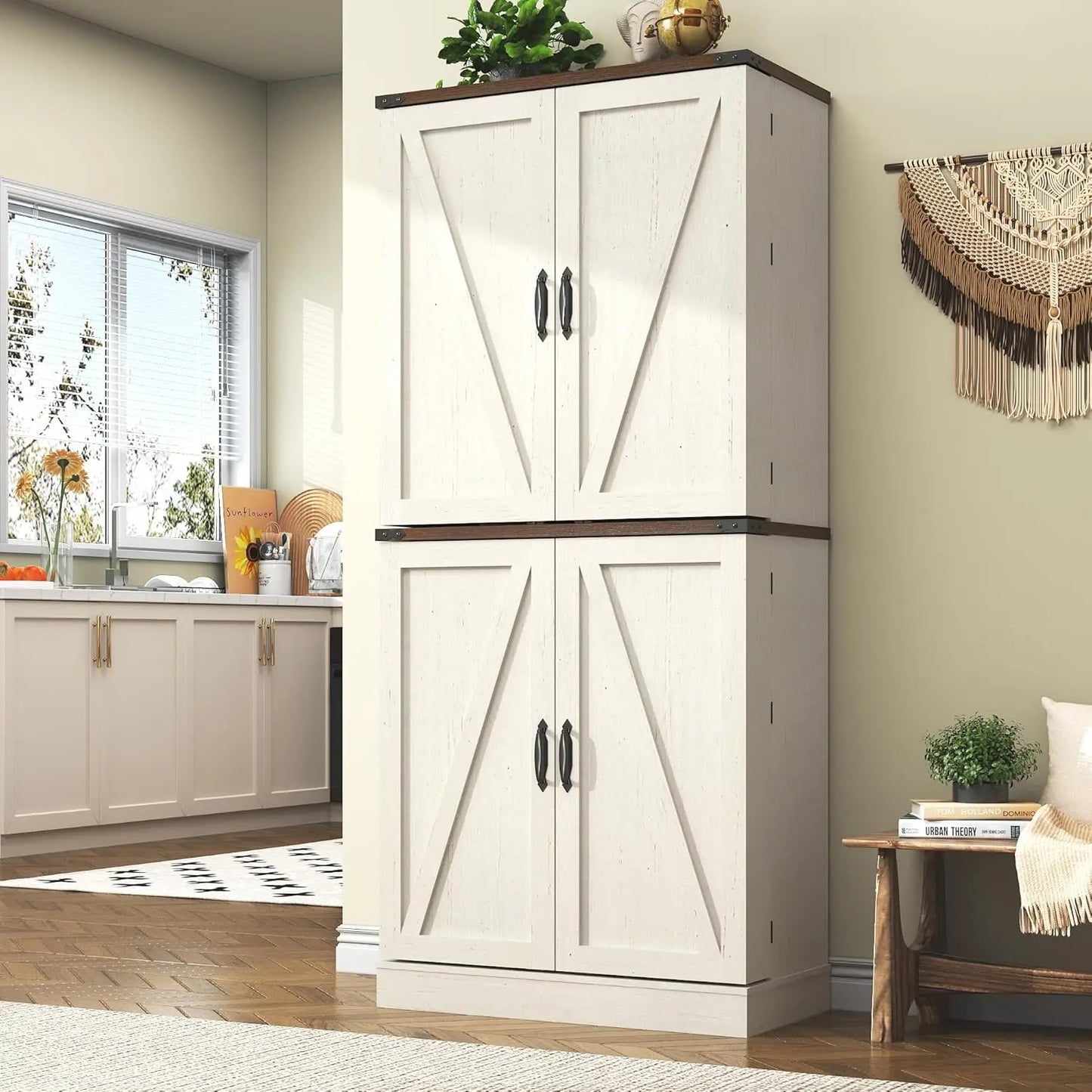 Farmhouse Kitchen Pantry Cabinet With Adjustable Shelves And Barn Doors