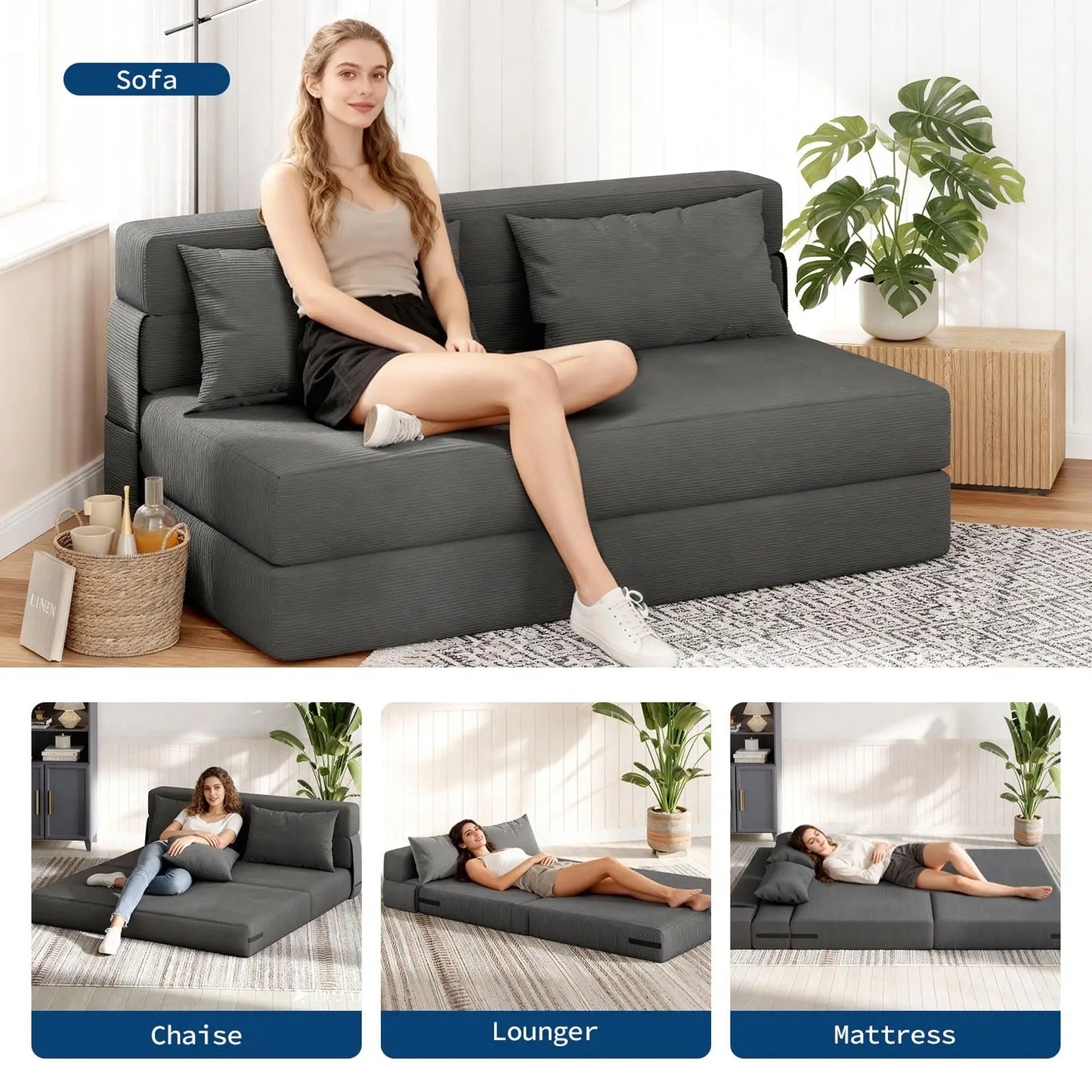 HobbyLane 4-in-1 Folding Sofa Bed Corduroy Couch With Pillow