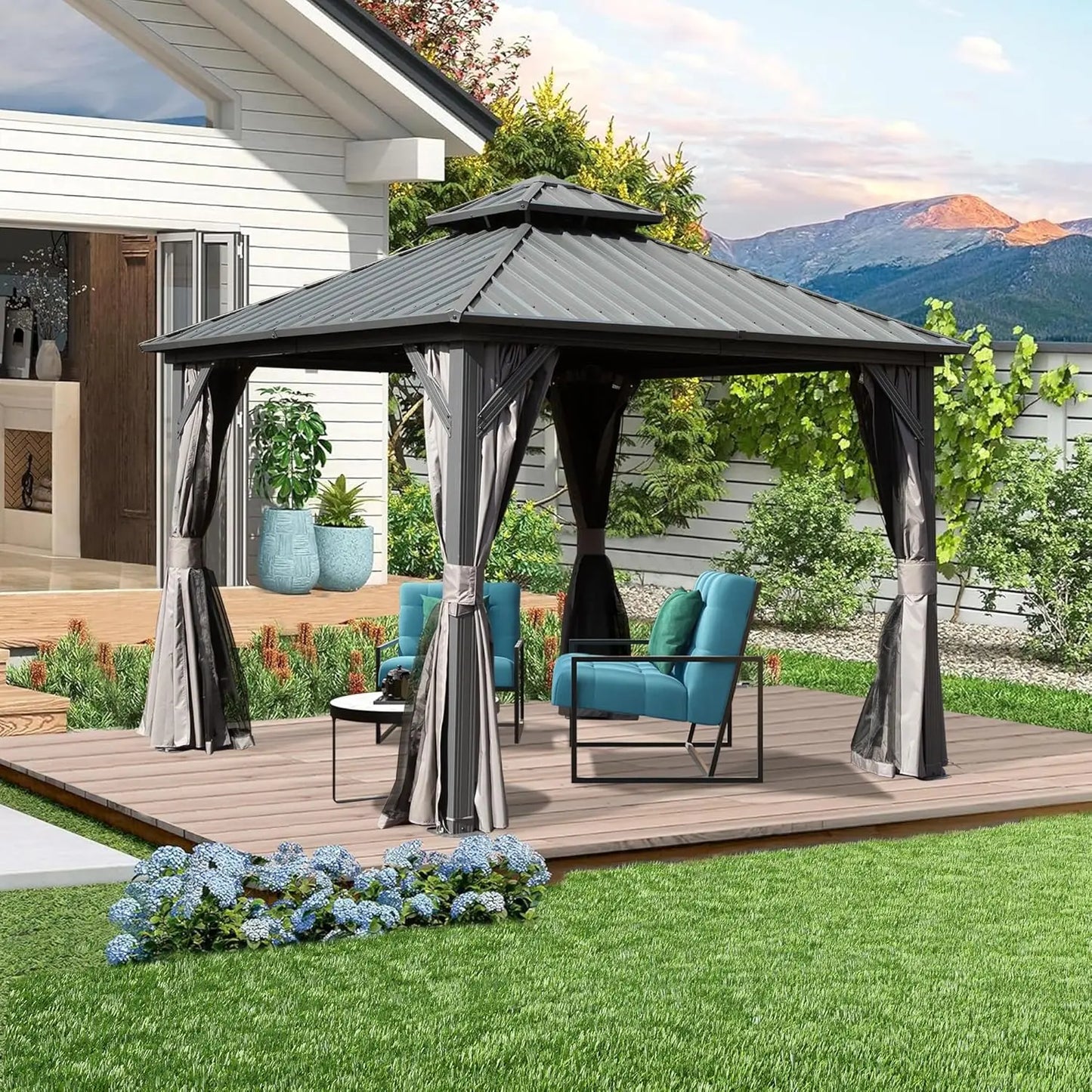 DUOFU Hardtop Gazebo With Galvanized Steel Double Roof Curtains Netting