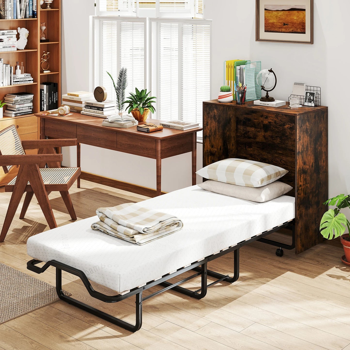 HOMASIS Foldable Murphy Bed With Storage Rolling Cabinet