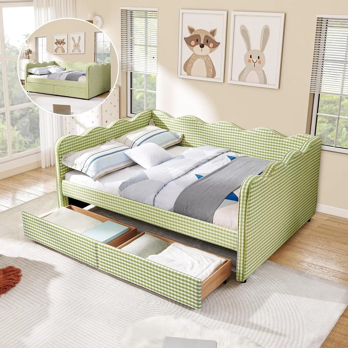 Wave Upholstered Daybed With Storage Drawers And USB Ports