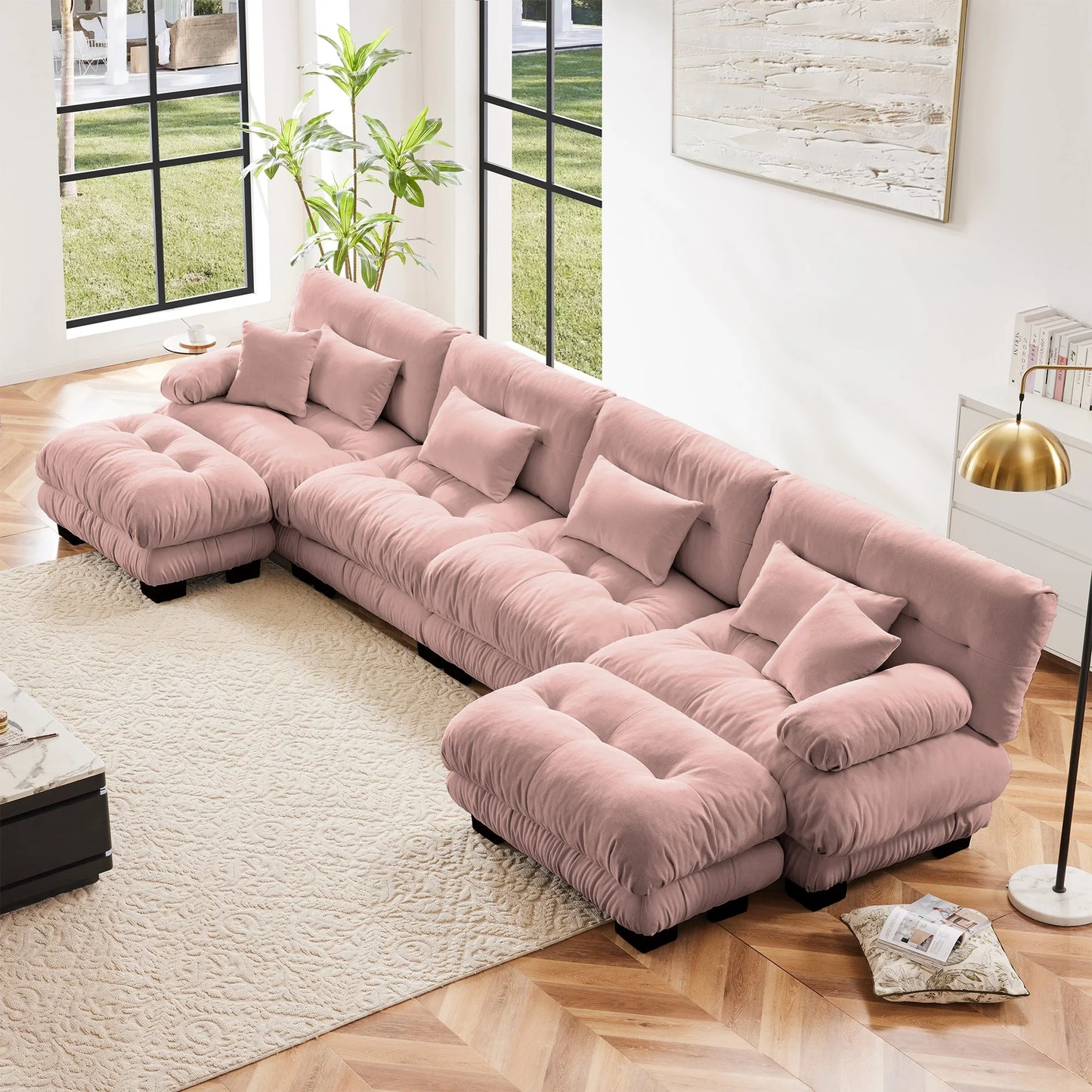 Chenille Modular Sectional Sofa Couch With Ottomans