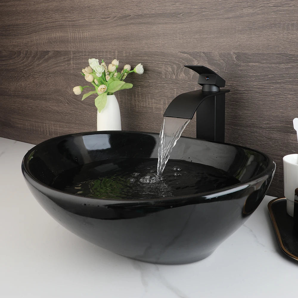 Mekhala Oval Vessel Sink With Faucet Marble Pattern Ceramic Vessel Sink