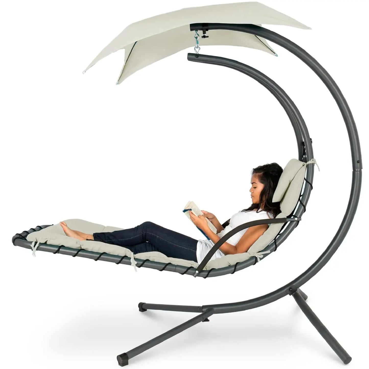 Outdoor Hanging Steel Chaise Lounge Chair With Swing Canopy Pillow