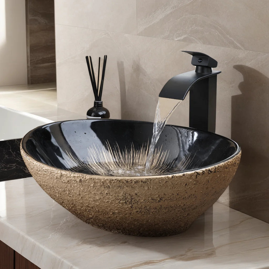 Mekhala Oval Vessel Sink With Faucet Marble Pattern Ceramic Vessel Sink