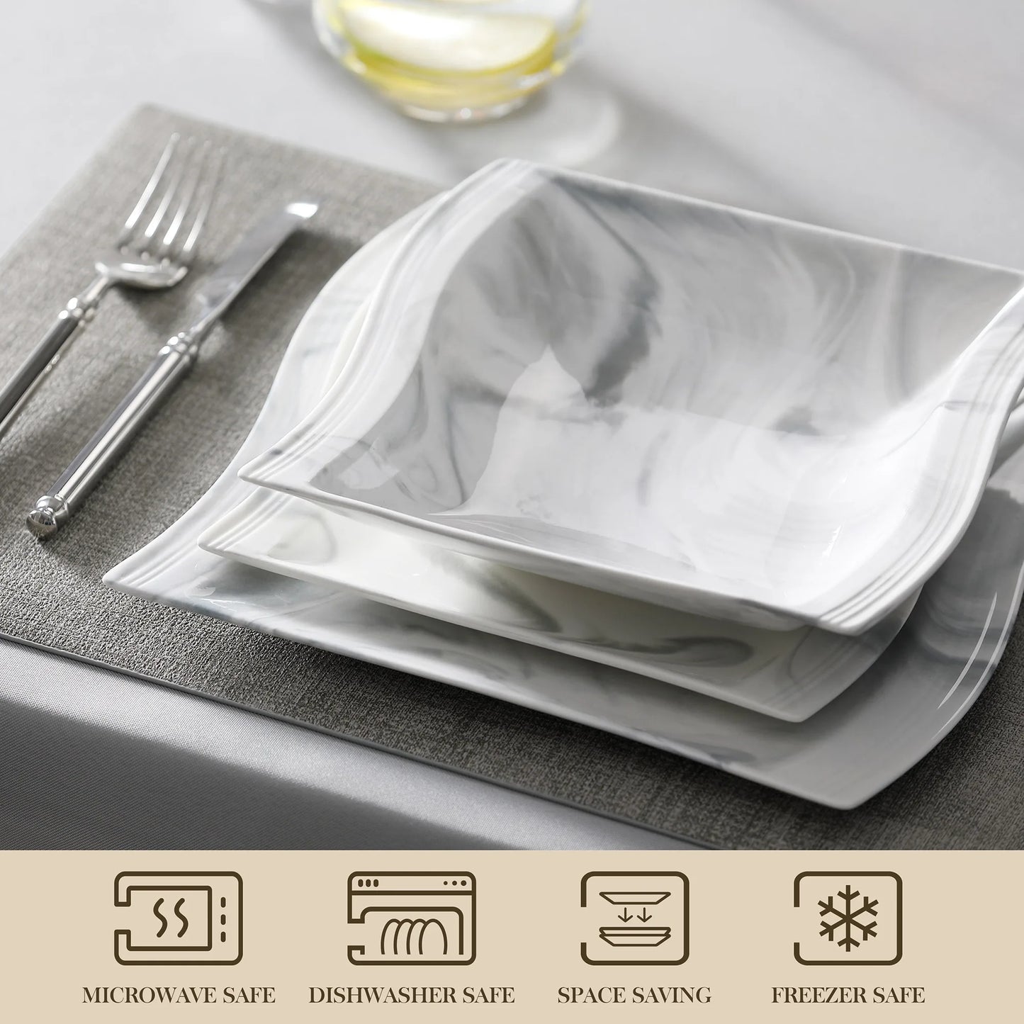 MALACASA Flora Marble Porcelain Dinnerware Set Elegant Ceramic Tableware