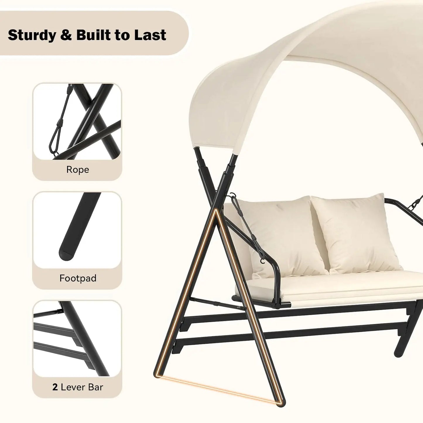 Outdoor Porch Swing Chair With Canopy Two Seat Steel Frame