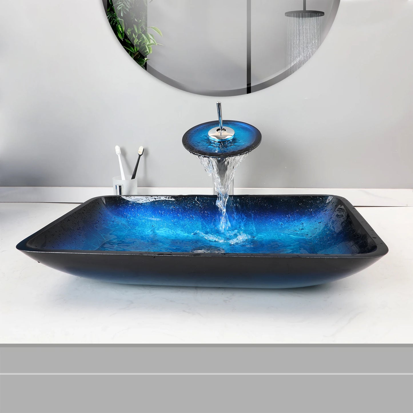 YANKSMART Tempered Glass Basin Sink Vessel With Faucet Set