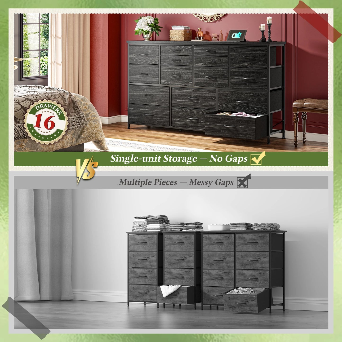 Fabric Dresser With Charging Station And TV Stand Organizer