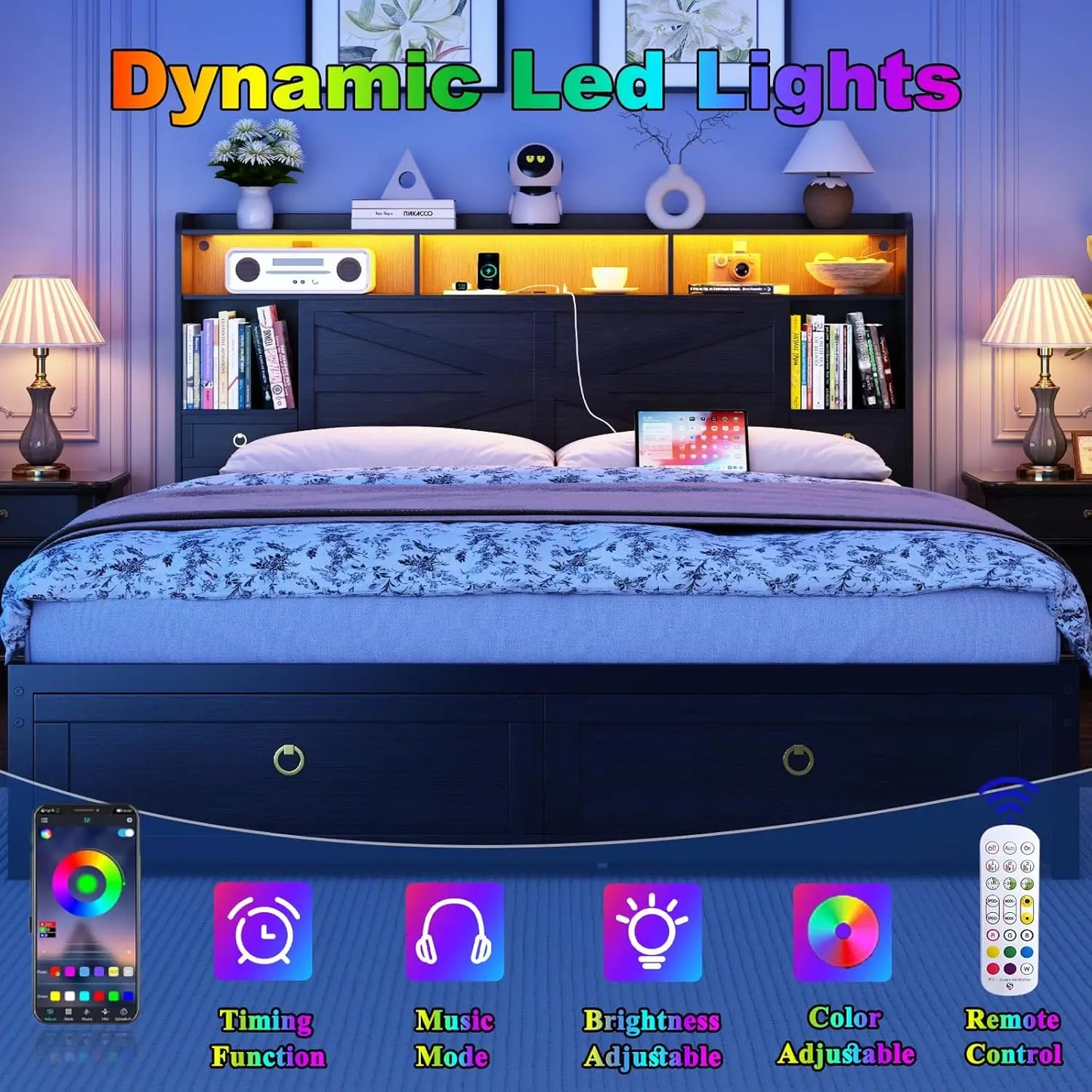 Guangbai Bed Frame With Storage Headboard Bookshelf Drawers