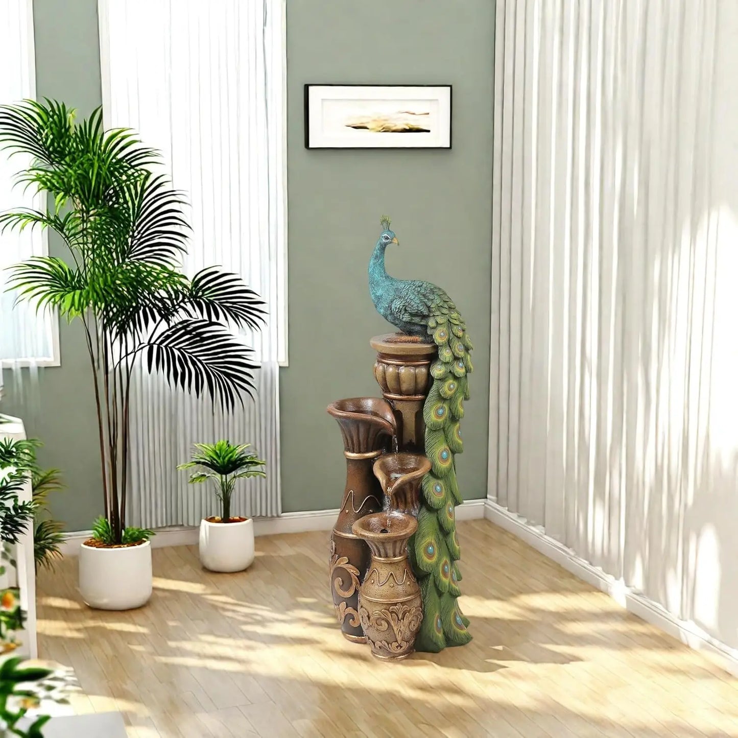 Resin Peacock Water Fountain With LED Urns For Garden