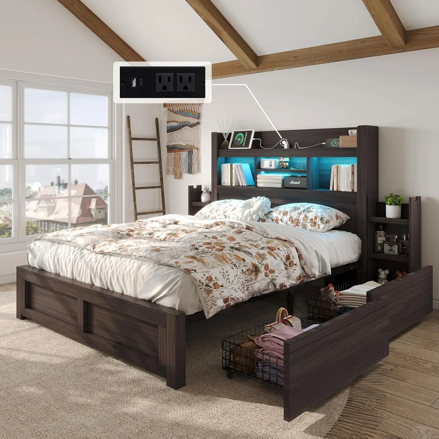 Bed Frame With Bookcase Headboard Farmhouse Wood Detachable Storage Drawers