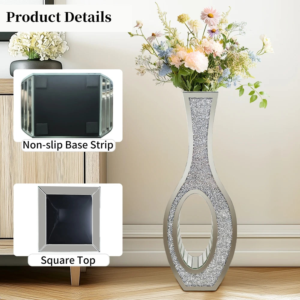 Mirrored Floor Vase With Crystal Diamond Accent Elegant Home Decor