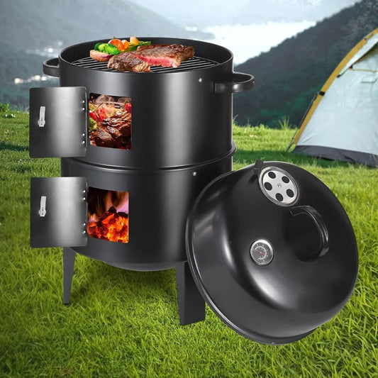 XIUWO Vertical Charcoal Smoker Grill Multi Layer Portable With Thermometers