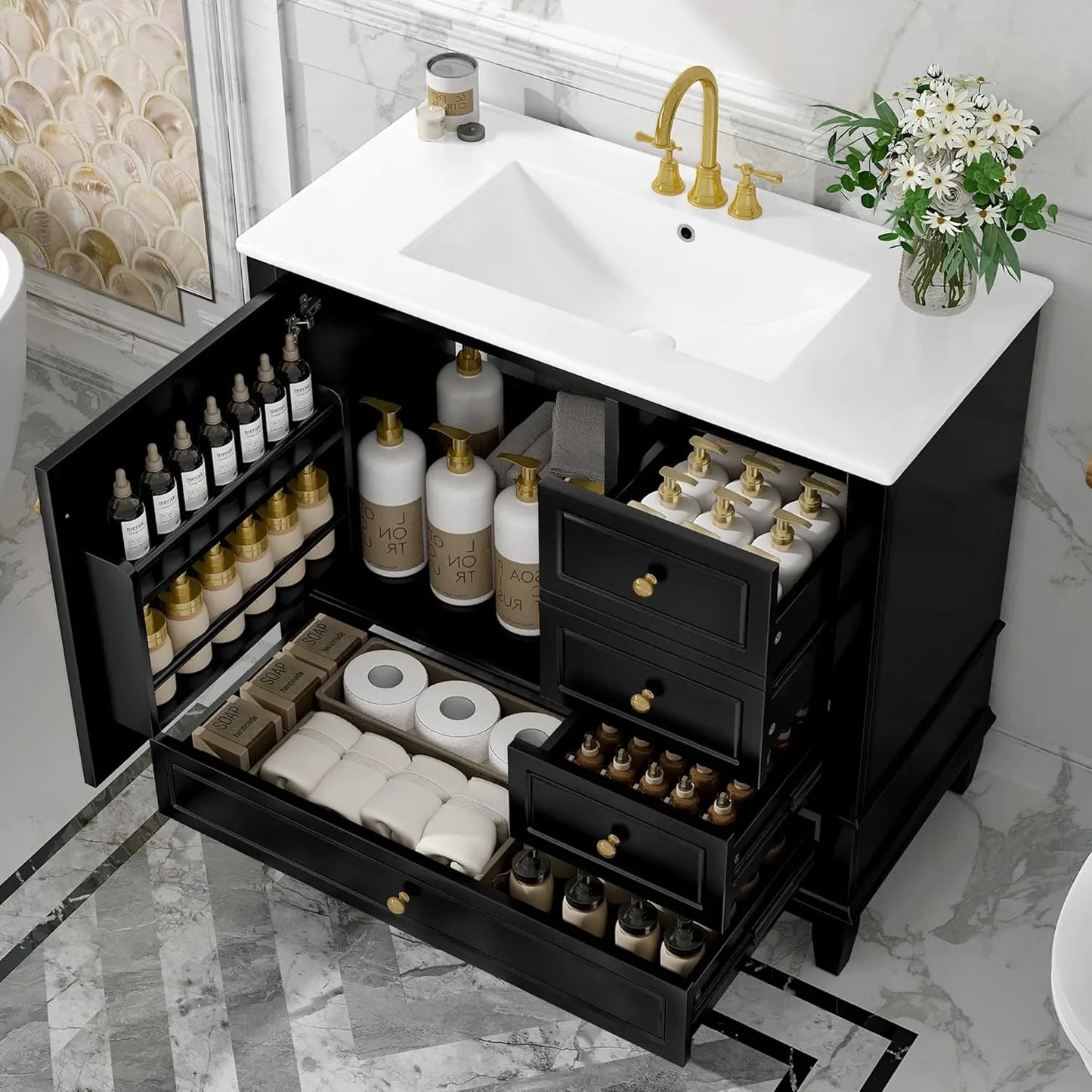 Wooden Bathroom Vanity With Ceramic Basin And Ample Storage Cabinets