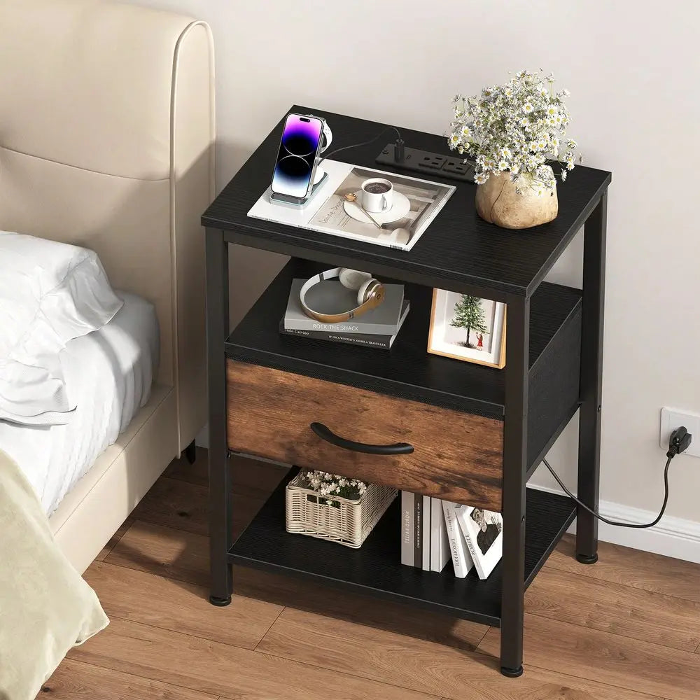 Nightstand With Charging Station And Fabric Drawer Bedside Table