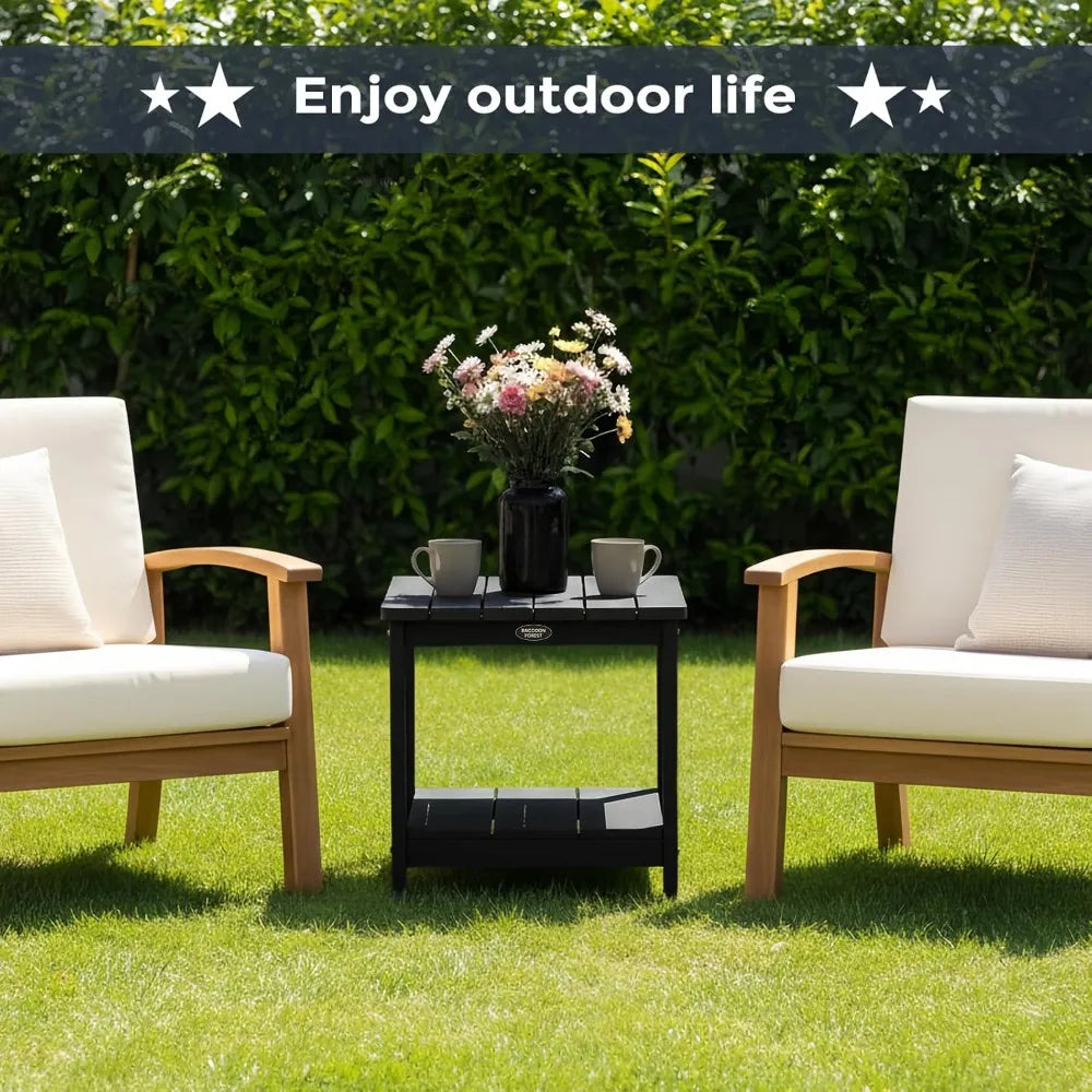 Outdoor Side Table, Adirondack Square Side Table, HDPS Patio Table With Wooden Textured, 2-Tier End Table Weather Resistant Outd