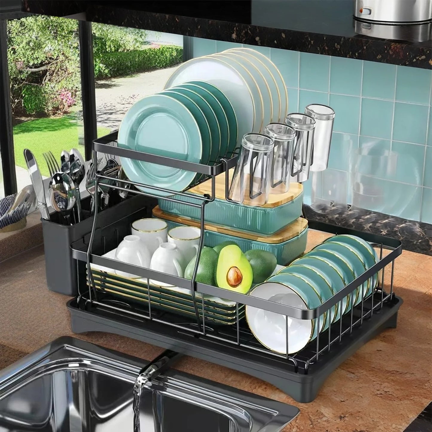 Removable Two Tier Dish Drying Rack for Kitchen Countertop