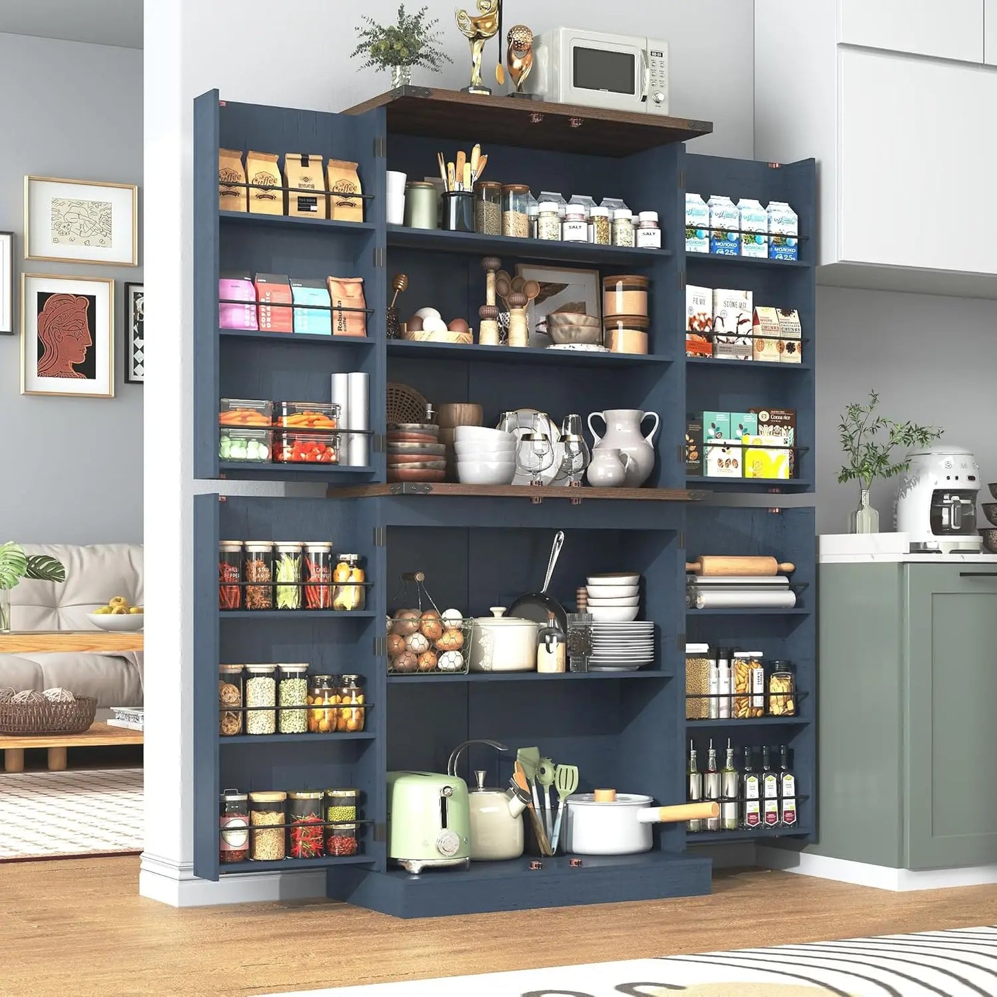 Farmhouse Kitchen Pantry Cabinet With Adjustable Shelves And Barn Doors