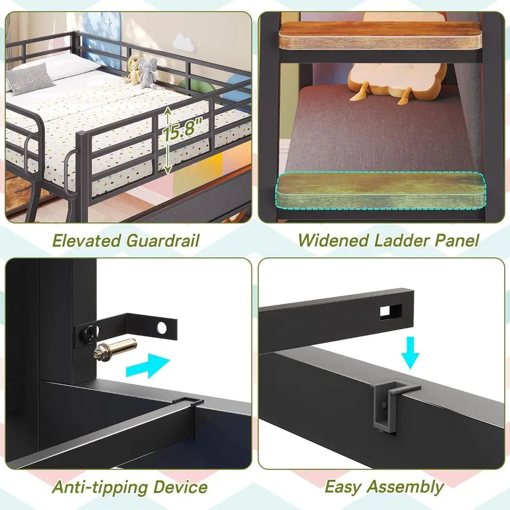Low Loft Bed With Desk, LED Lights, Storage Drawers