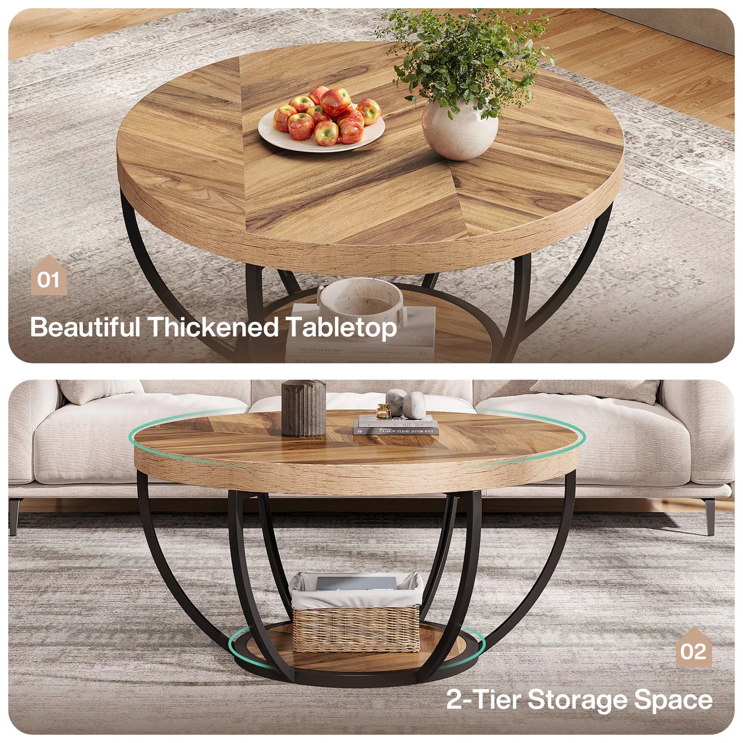 Tribesigns Round Coffee Table Industrial 2 Tier With Storage Shelves