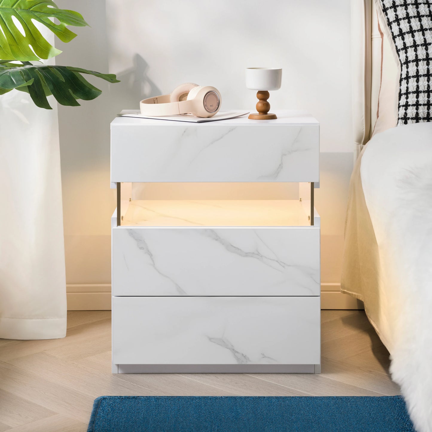 Cubehom LED Bedside Table With 3 Drawers Modern Nightstand