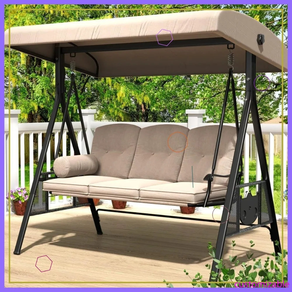 Outdoor Porch Swing 3 Seat With Adjustable Canopy For Garden