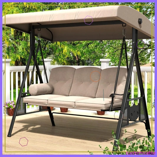 Outdoor Porch Swing 3 Seat With Adjustable Canopy For Garden
