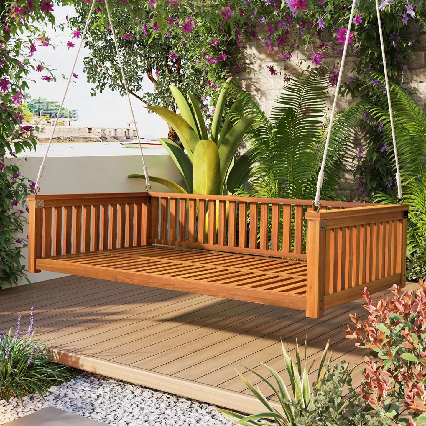 Porch Daybed Swing Outdoor Wooden Swing Bench For Patio Garden
