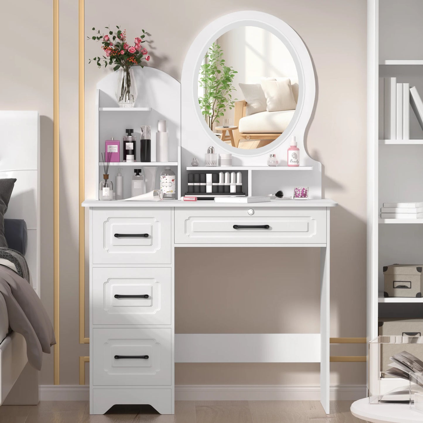 Modern Makeup Vanity Table With Mirror And Lights 4 Drawer