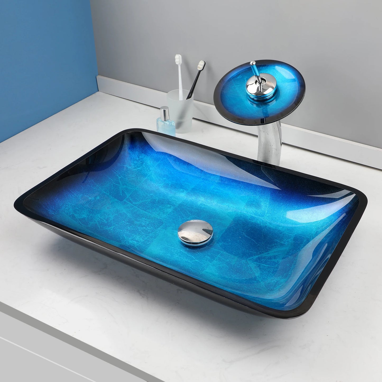 YANKSMART Tempered Glass Basin Sink Vessel With Faucet Set