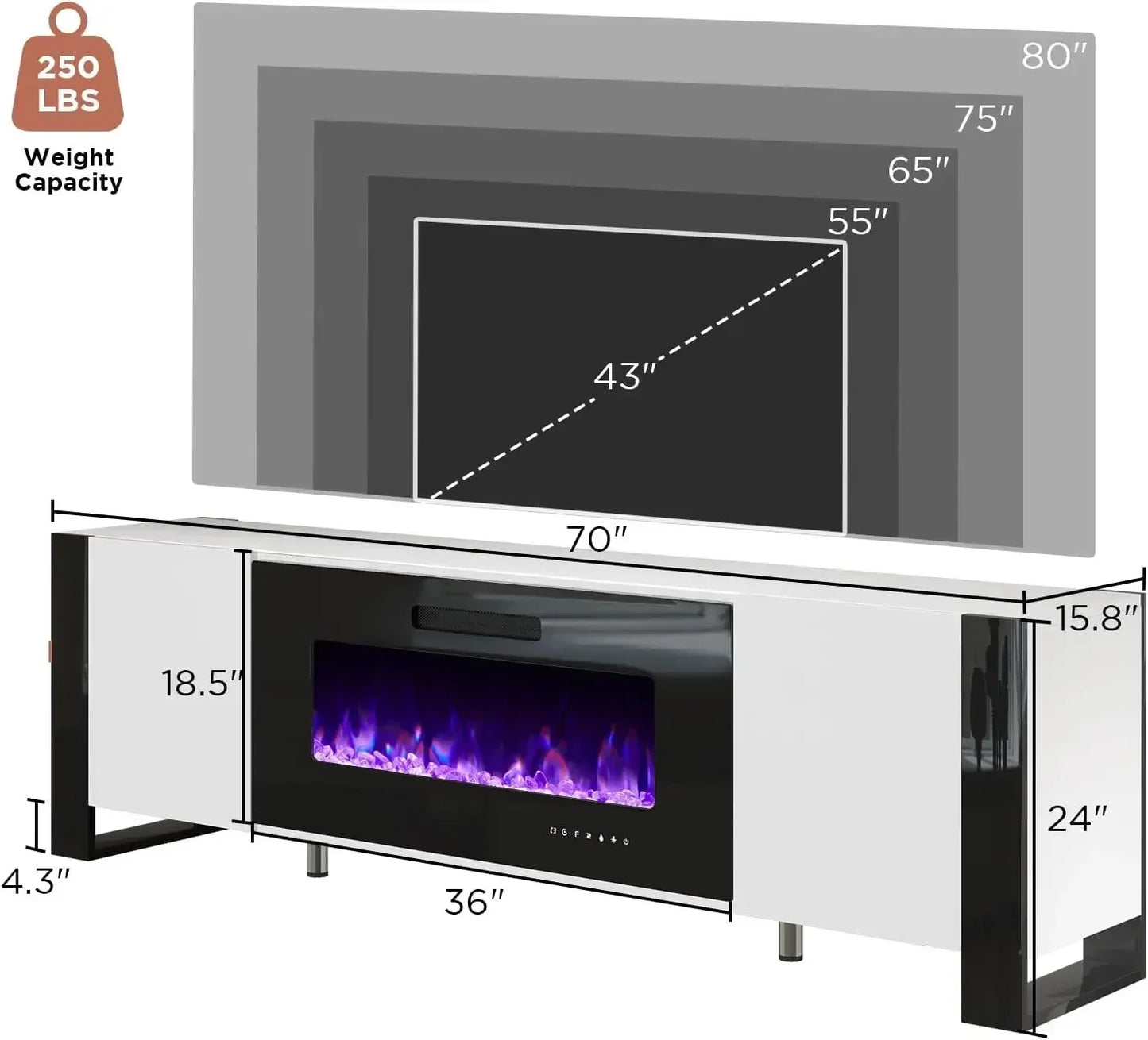 Fireplace TV Stand With LED Lights U Shaped Legs Entertainment Center