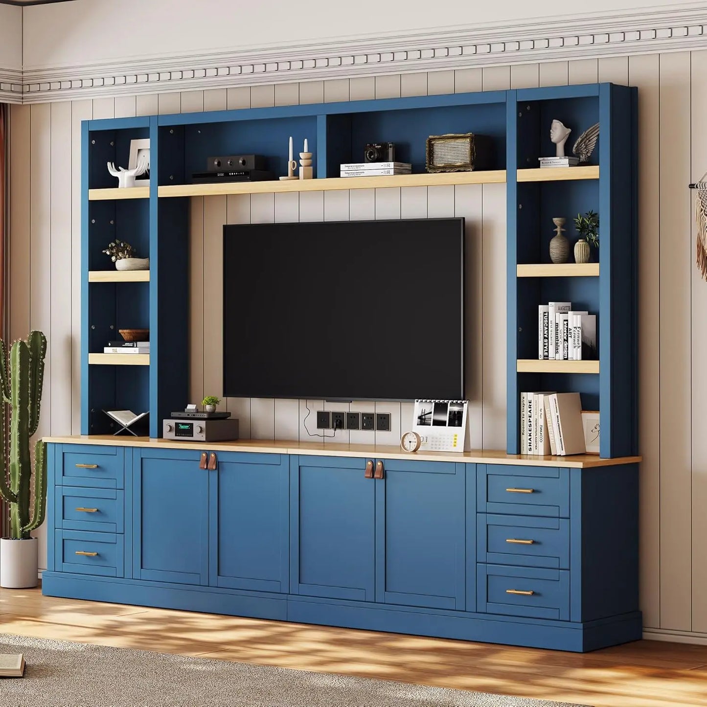 Farmhouse Entertainment Center Wall Unit With Bookshelves And Drawers