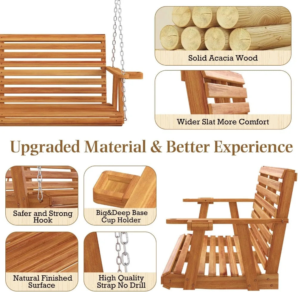 Wooden Porch Swing With Cup Holders For Outdoor Garden