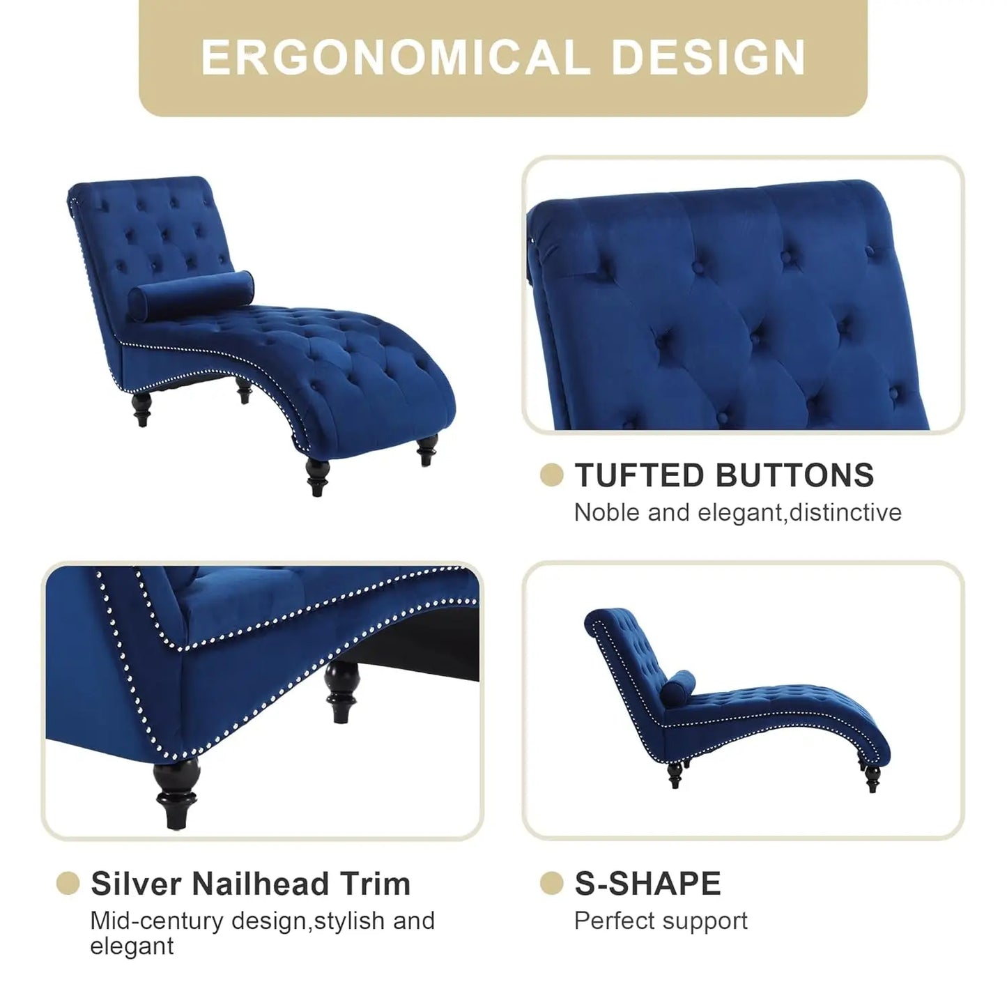 Velvet Chaise Lounge Chair With Tufted Upholstery For Living Room