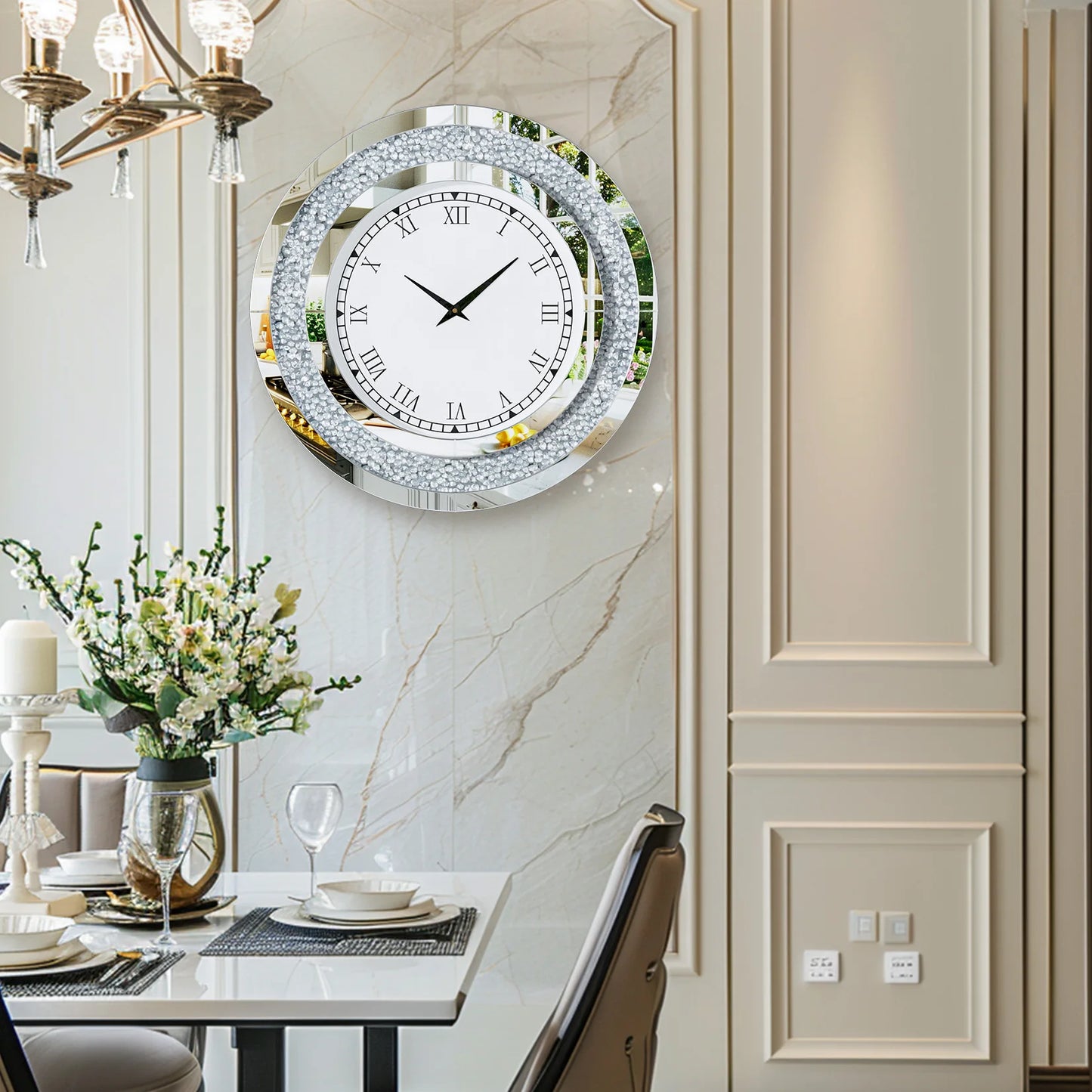 Round Mirror Wall Clock Crystal Sparkle Bling Living Room