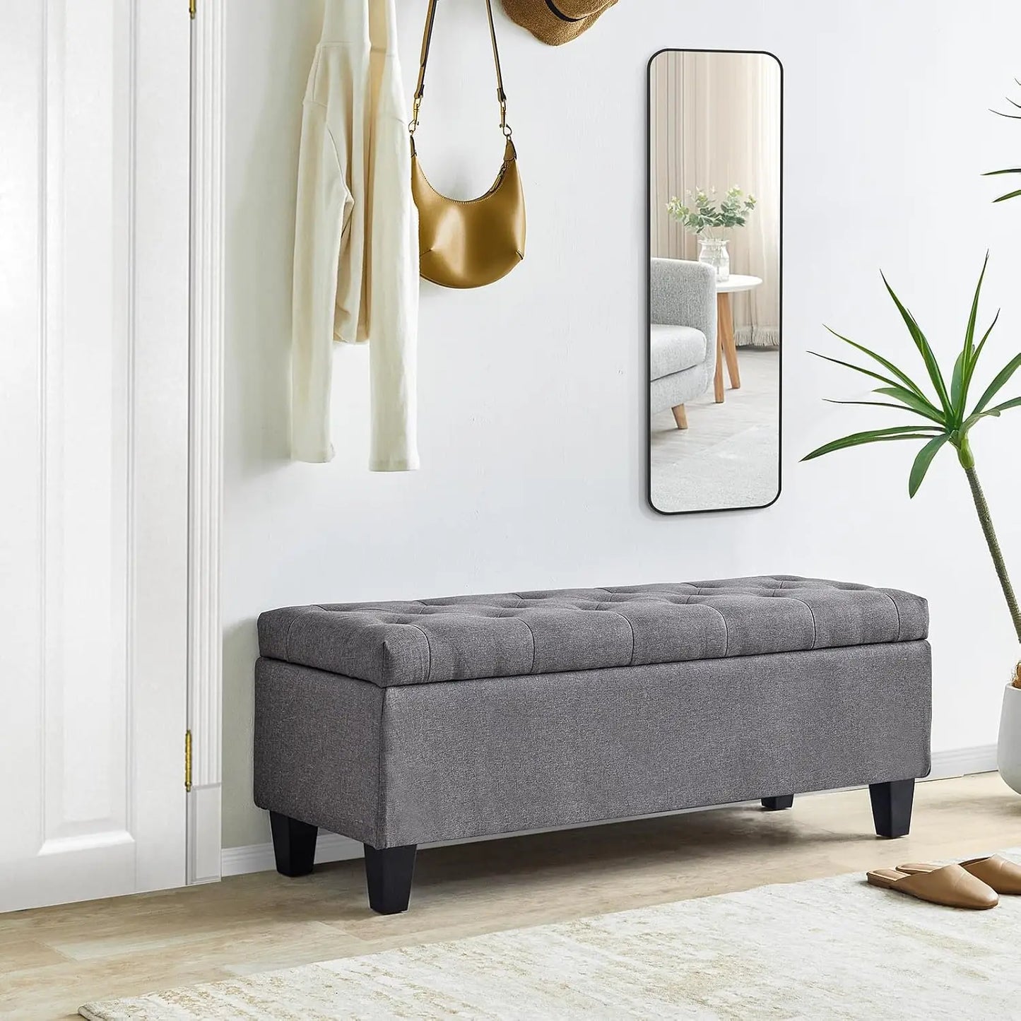 Storage Ottoman Bench With Tufted Surface And Flip Lid Hinge
