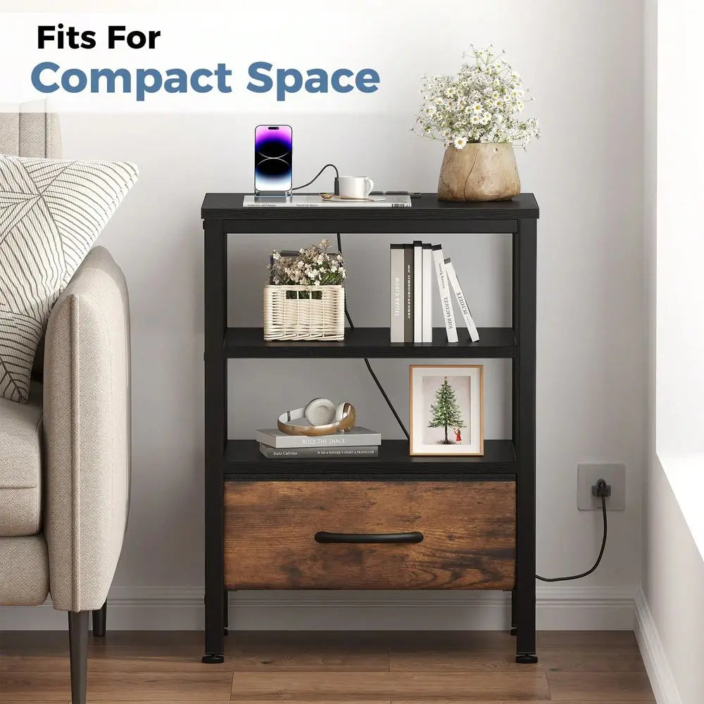 Nightstand With Charging Station And Fabric Drawer Bedside Table