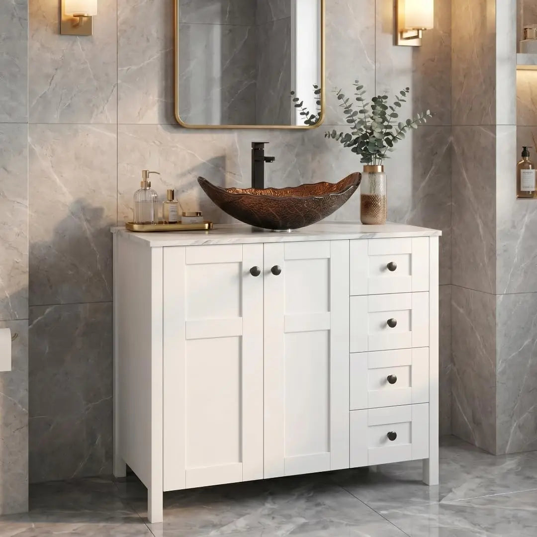 Minimalist Bathroom Vanity With Marble Texture And Ceramic Sink