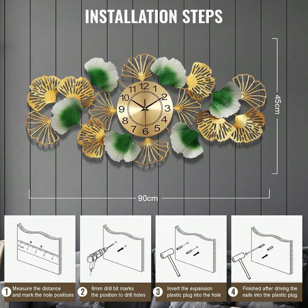 Ginkgo Leaf Silent Wall Clock 3D Metal Design Home Office
