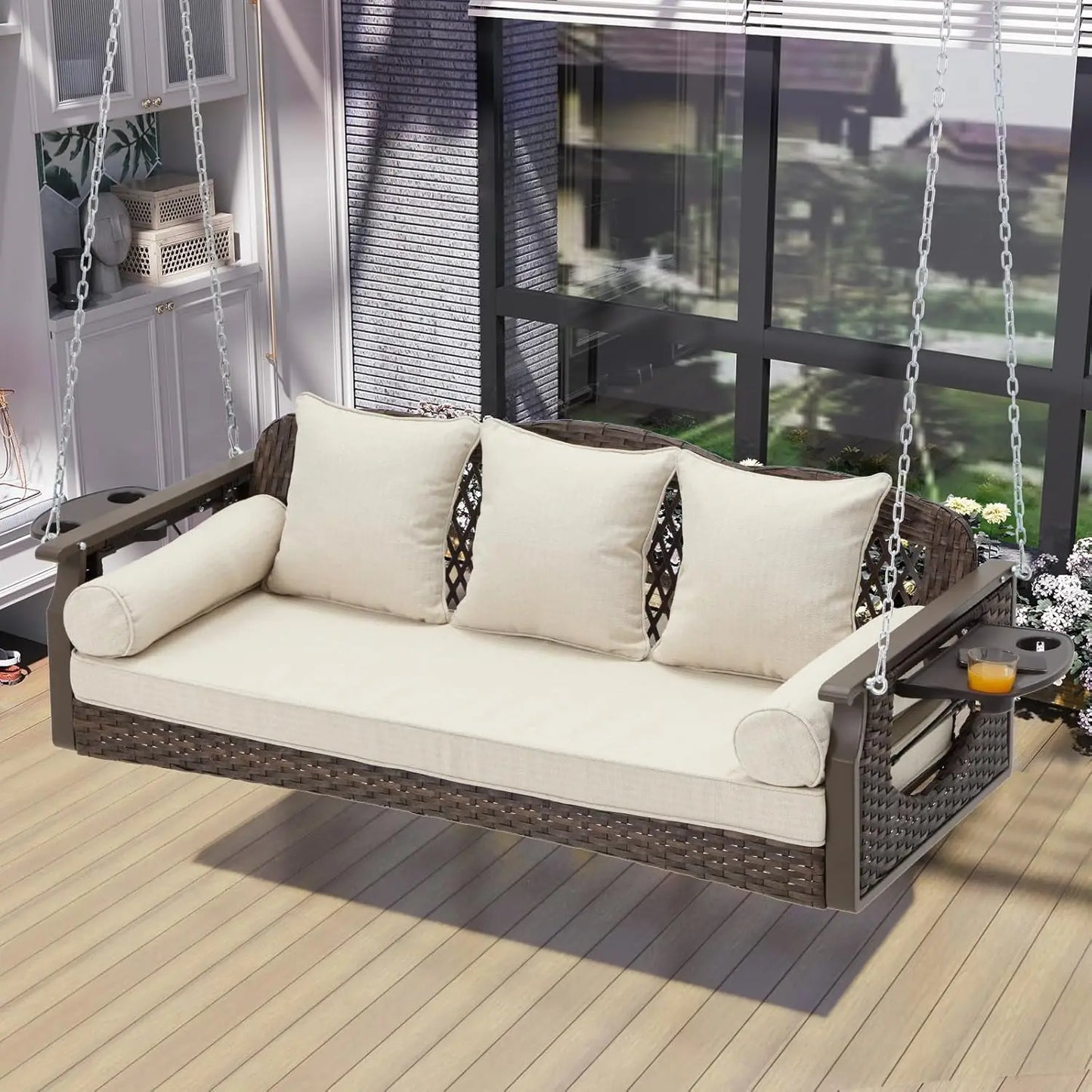 Wicker Porch Swing With Cup Holders And Cushions For Patio