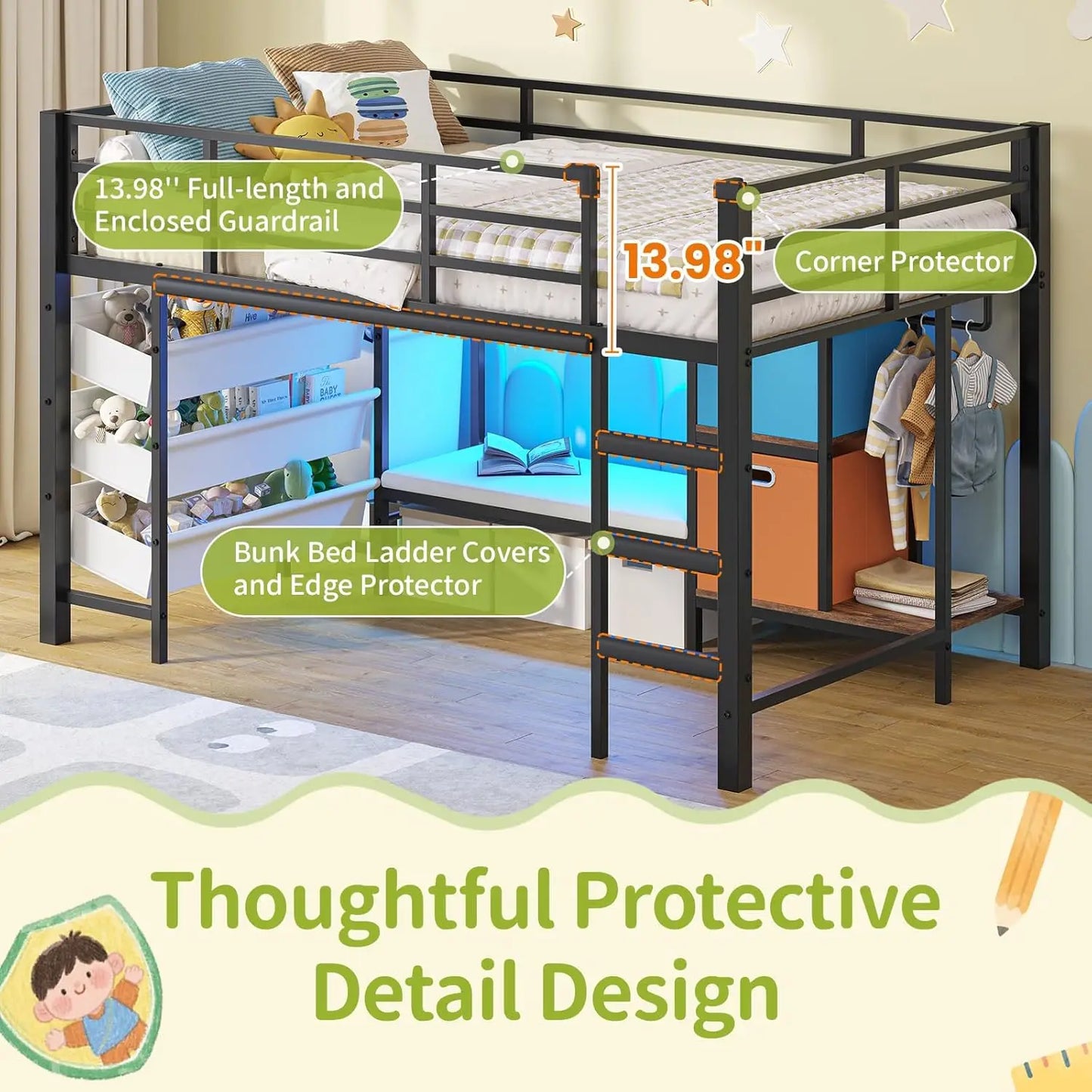 Twin Loft Bed With Reading Corner And LED Lights Guardrail