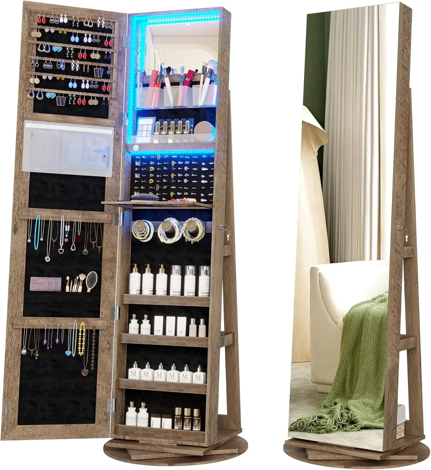 LED Jewelry Armoire With Lockable Mirror 360 Degree Rotation