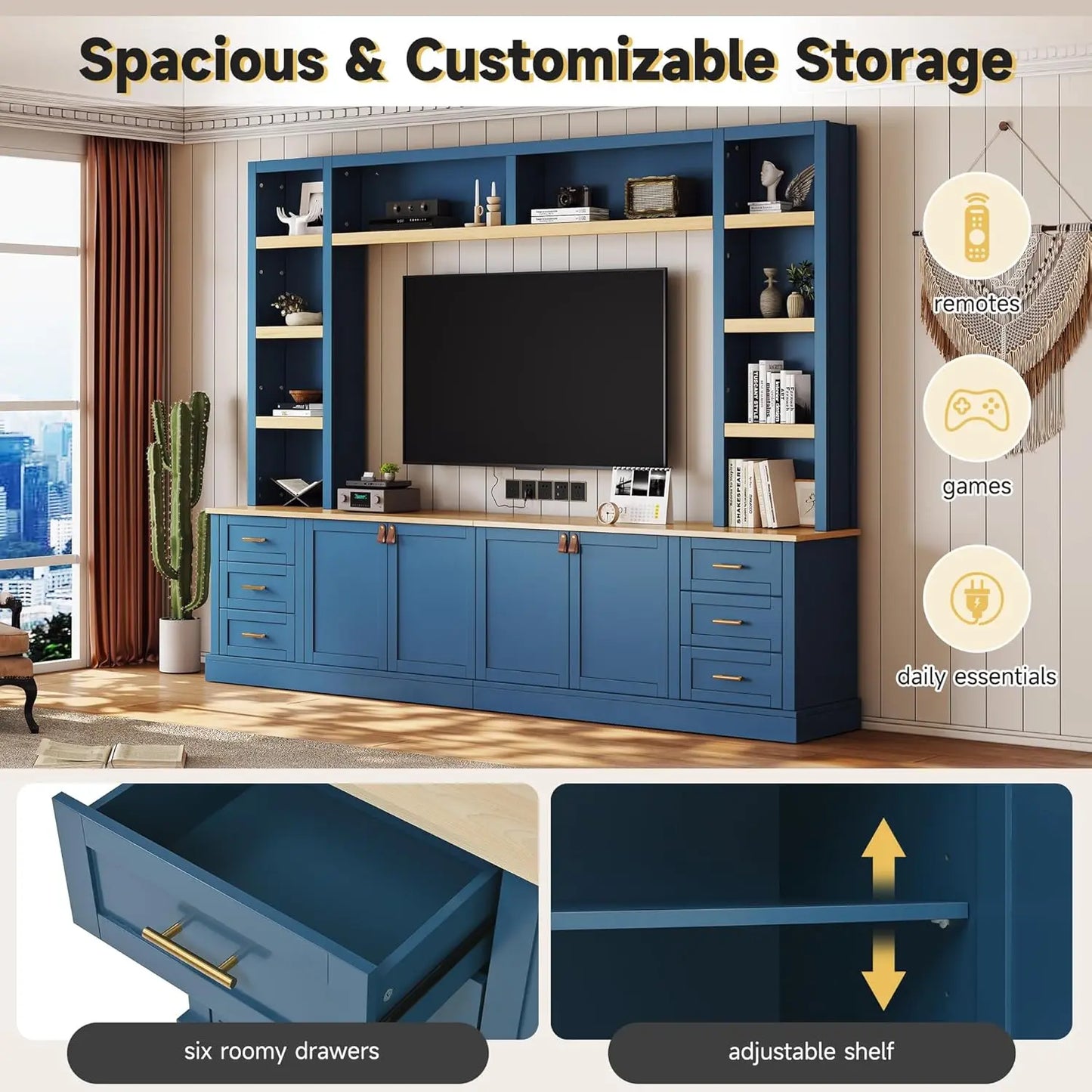 Farmhouse Entertainment Center Wall Unit With Bookshelves And Drawers